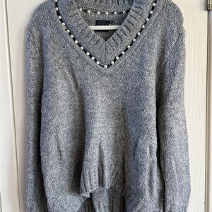 Gray V-Neck Sweater with Pearl Detailing